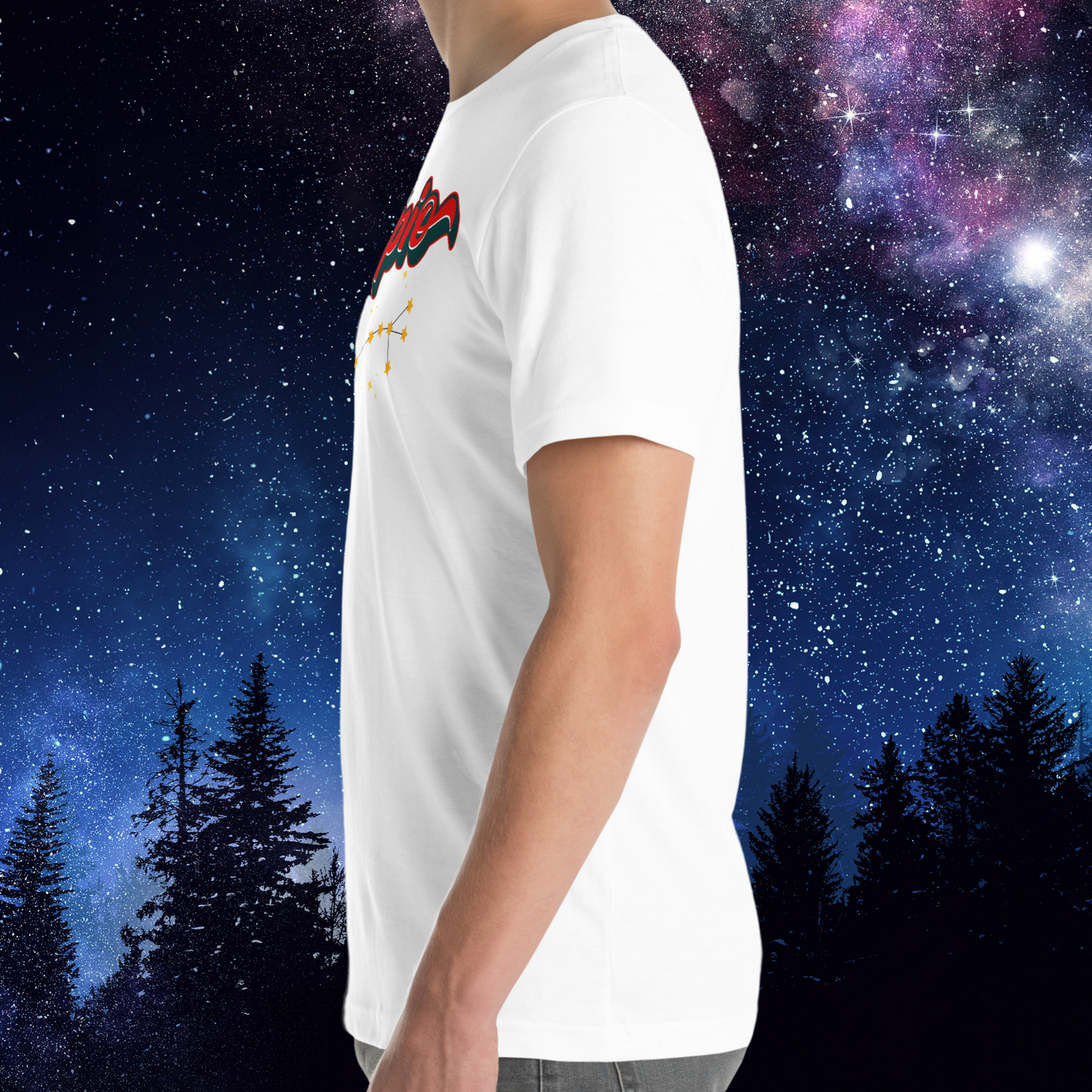 Left side view of model wearing white men's Scorpio Tee. You can see the shoulder seams, crew neckline, sleeves end mid upper arm, and hem ends right below the hip on the model. The perfect October or November Birthday Gift for him or yourself.