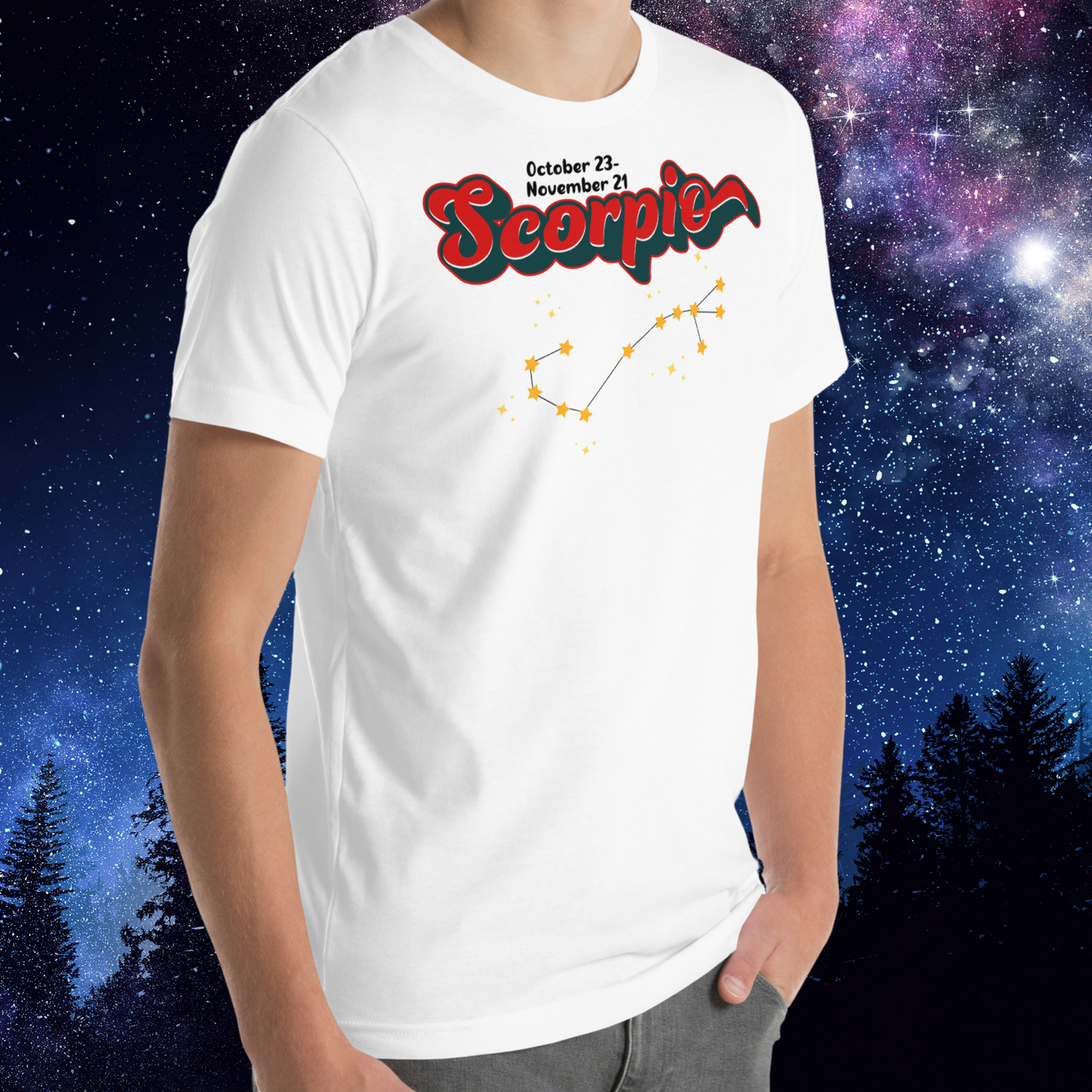 Right side view of model wearing white men's Scorpio Tee. You can see the shoulder seams, crew neckline, side seam, sleeves end mid upper arm, and hem ends right below the hip on the model. The perfect October or November Birthday Gift for him or yourself.