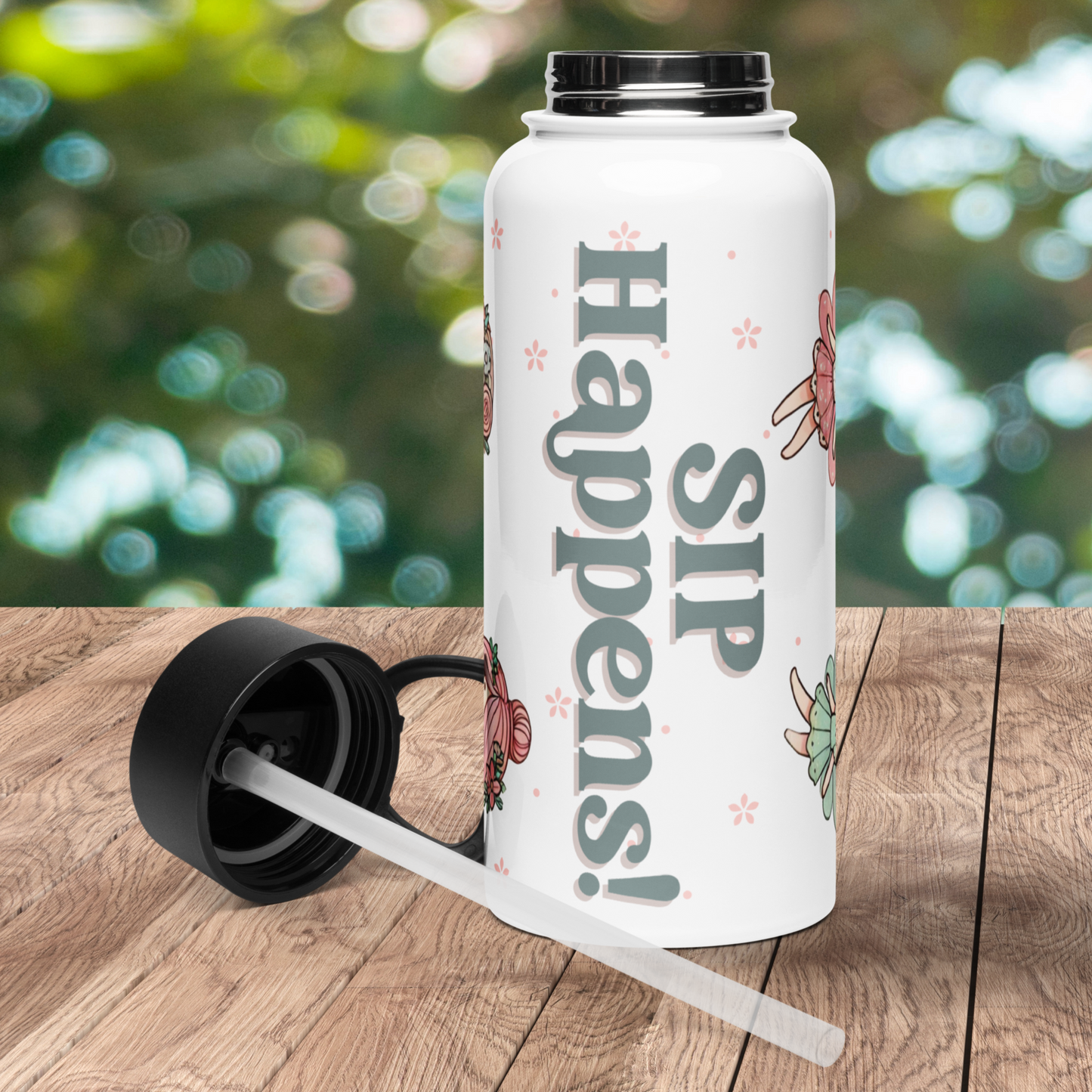 Front view of stainless steel water bottle. The black lid is off and you can see the silver stainless steel with the ridges to screw the lid onto. You can see that the lid has a clear straw attached to the underside of it.