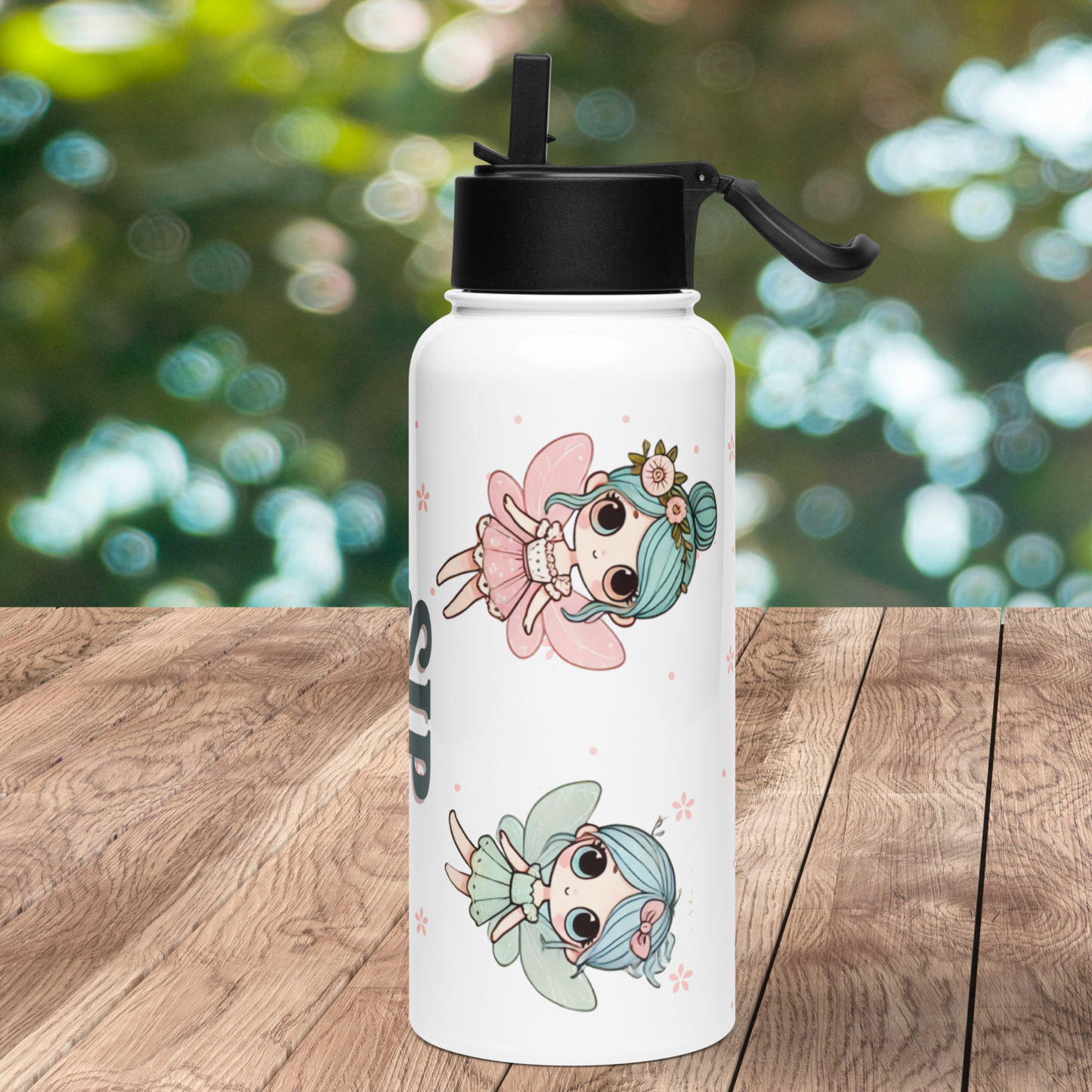 Right side view of white stainless steel water tumbler with black lid. Straw is up on the lid and handle is sticking out to the right. You can see a fairy with pink and blue eyes, blue hair with pink flowers in a bun, pink wings and dress. Blue eyed fairy with short blue hair with a pink bow, blue wings and dress.
