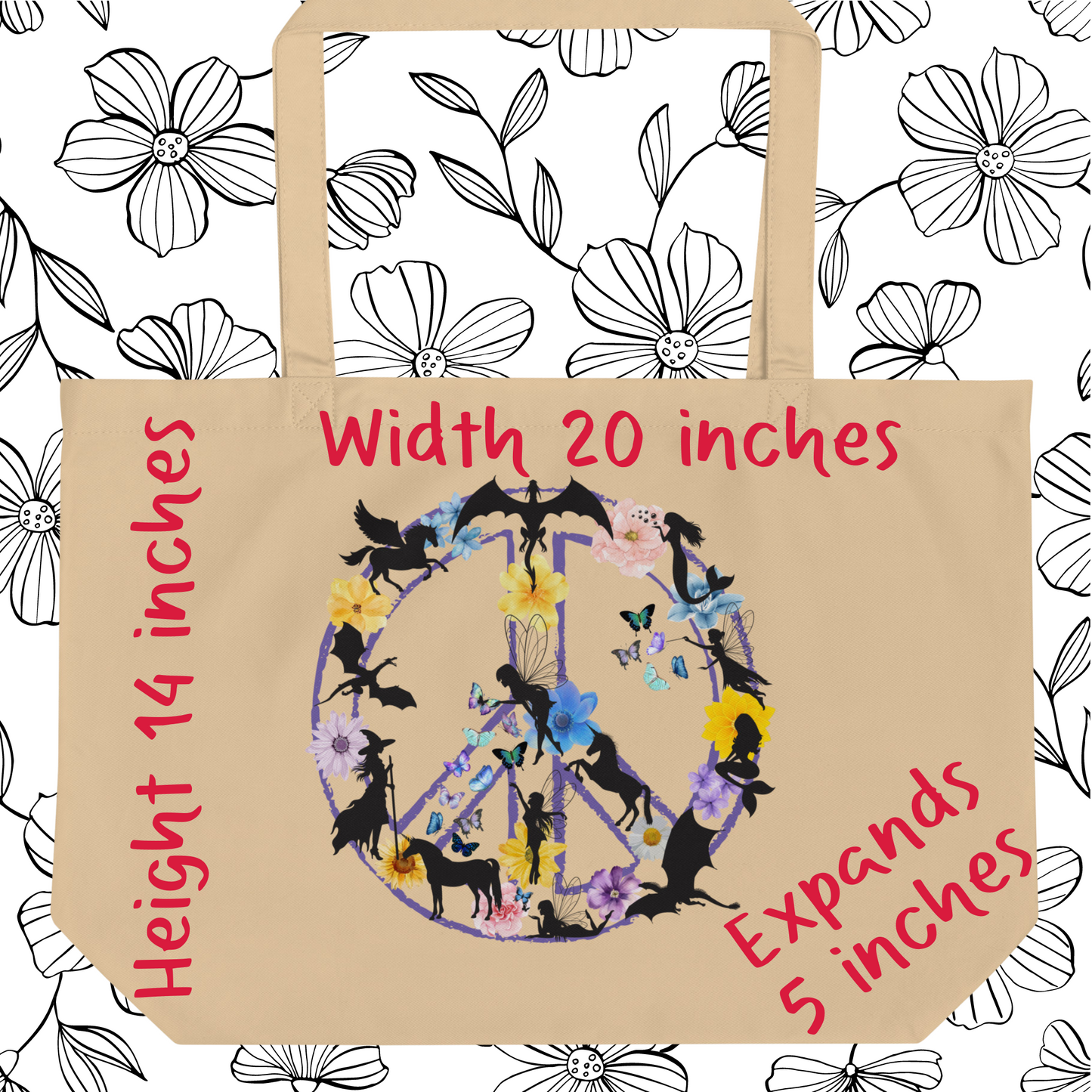 front flat view with measurements natural organic tote fantasy peace sign, purple peace sign filled with mythological creatures dragon mermaid fairy unicorn witch pegasus