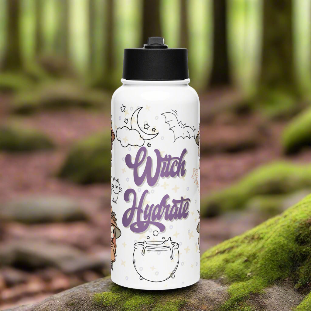 White Stainless Steel Water Bottle with Black Lid. Front of bottle in dark purple text Witch Hydrate. Under this you can see the outline of a bubbling cauldron. Above this is the outline of a flying bat and a moon with a cloud and stars.