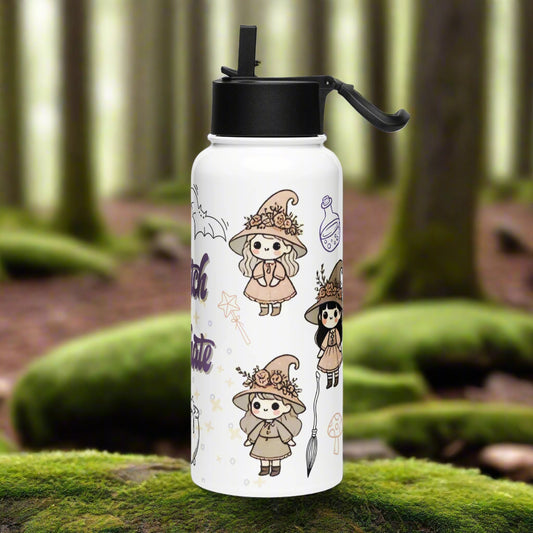 White Stainless Steel Water Bottle with Black Lid. You can see the folding straw is flipped up and the adjustable handle is sticking out to the side. This is the right side and you can see 3 adorable witches. The top one is in light peach brown hat and dress with flowers on her witch hat. Long blonde hair and boots. Witch under her is in a light brown dress and hat with brown hair. Her hat is covered in flowers. To the right of these two witch you can see the outline of a broom, a potion bottle