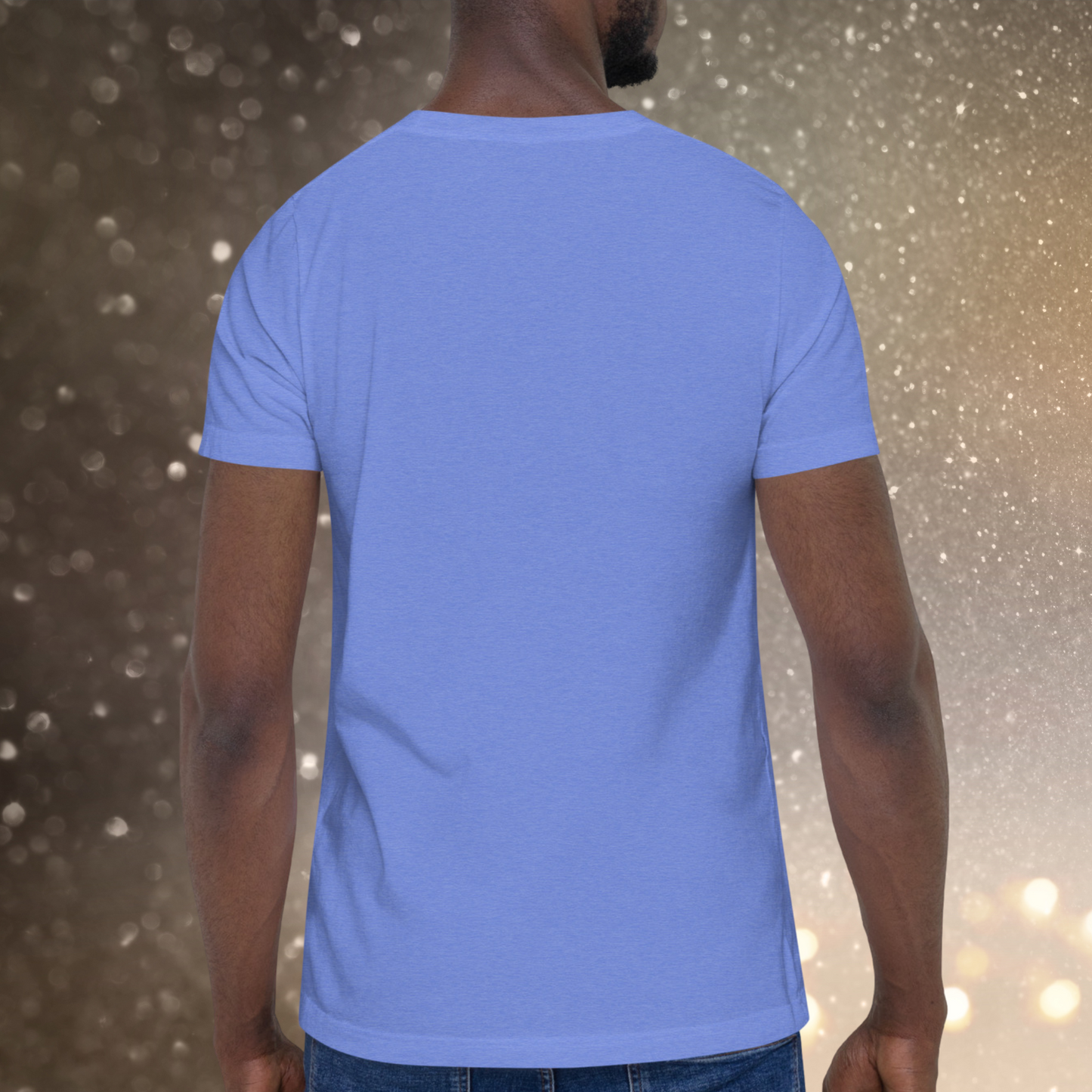 Back view of model wearing heather Columbia blue men's Taurus Tee. No image on the back. The perfect April or May Birthday Gift for him or yourself.
