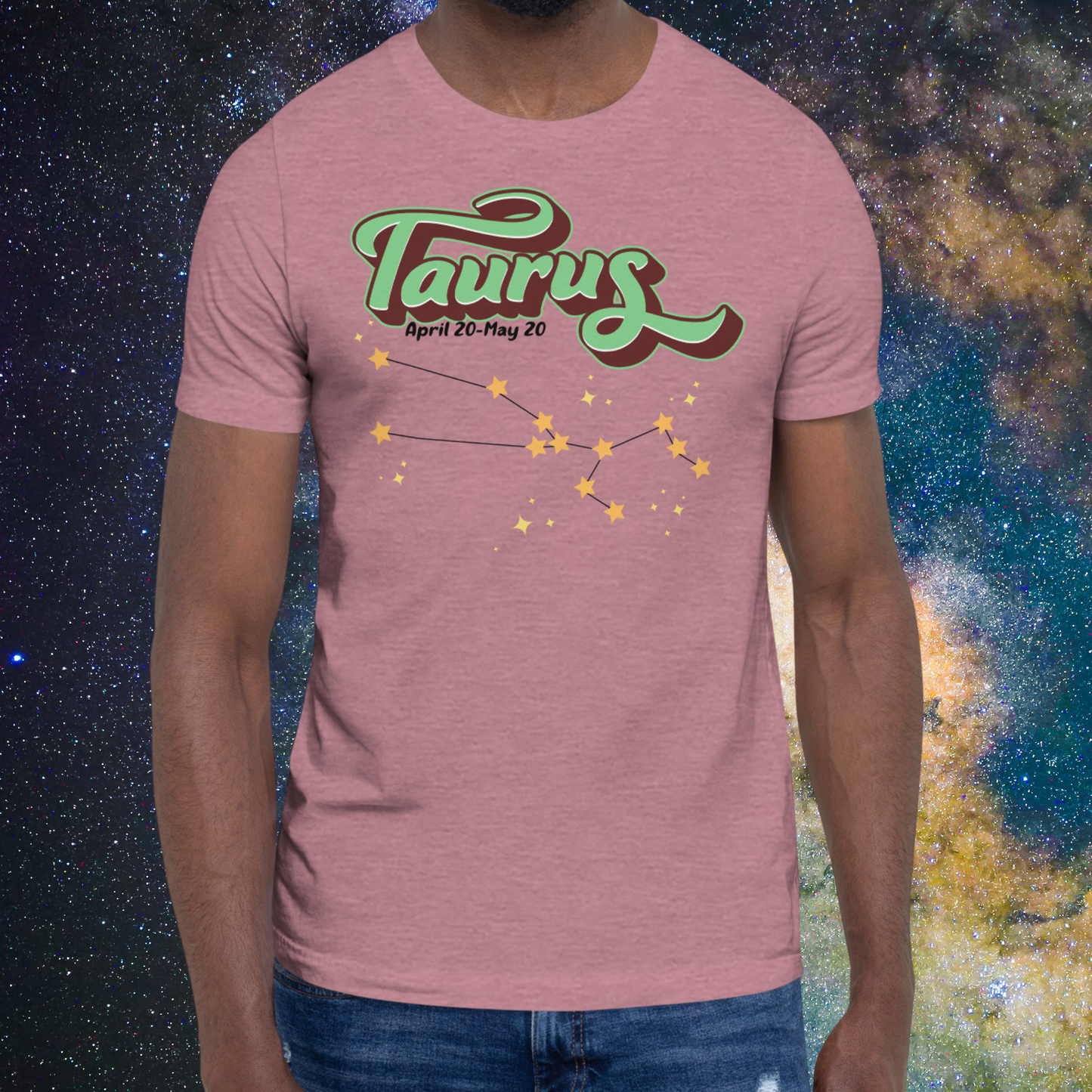 Front view of model wearing heather orchid men's Taurus Tee. This Astrology T-Shirt has the word Taurus in large leaf green script shadowed in deep brown for a 3-D effect. Below this it Says April 20-May 20. At the bottom is the star constellation for Taurus with yellow stars connected by a black line and smaller stars surrounding the constellation. The perfect April or May Birthday Gift for him or yourself.
