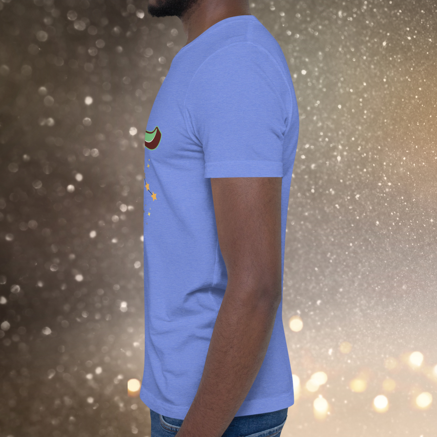 Left side view of model wearing heather Columbia blue men's Taurus Tee. The sleeves come mid upper arm, crewneck, hem at hip of model. The perfect April or May Birthday Gift for him or yourself.