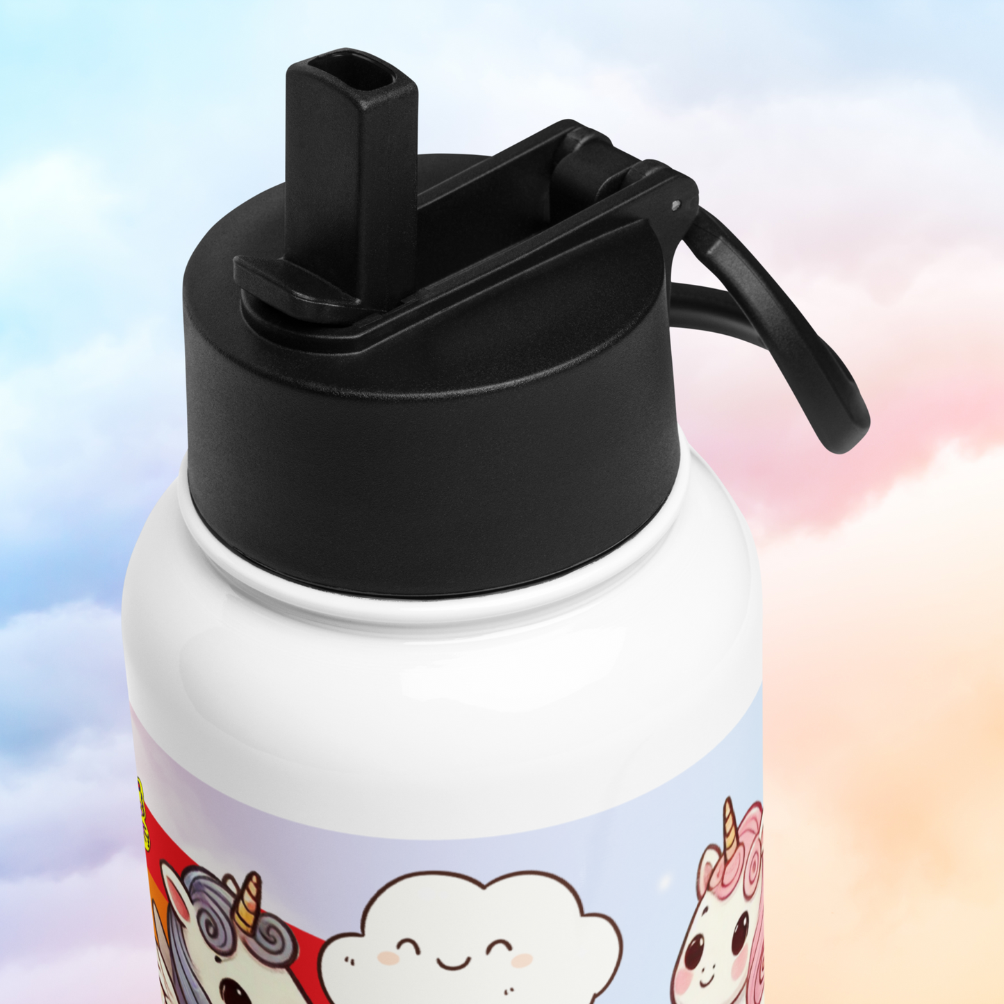 Top view of the unicorn water bottle of the black lid. The flip straw is up and the handle is down.