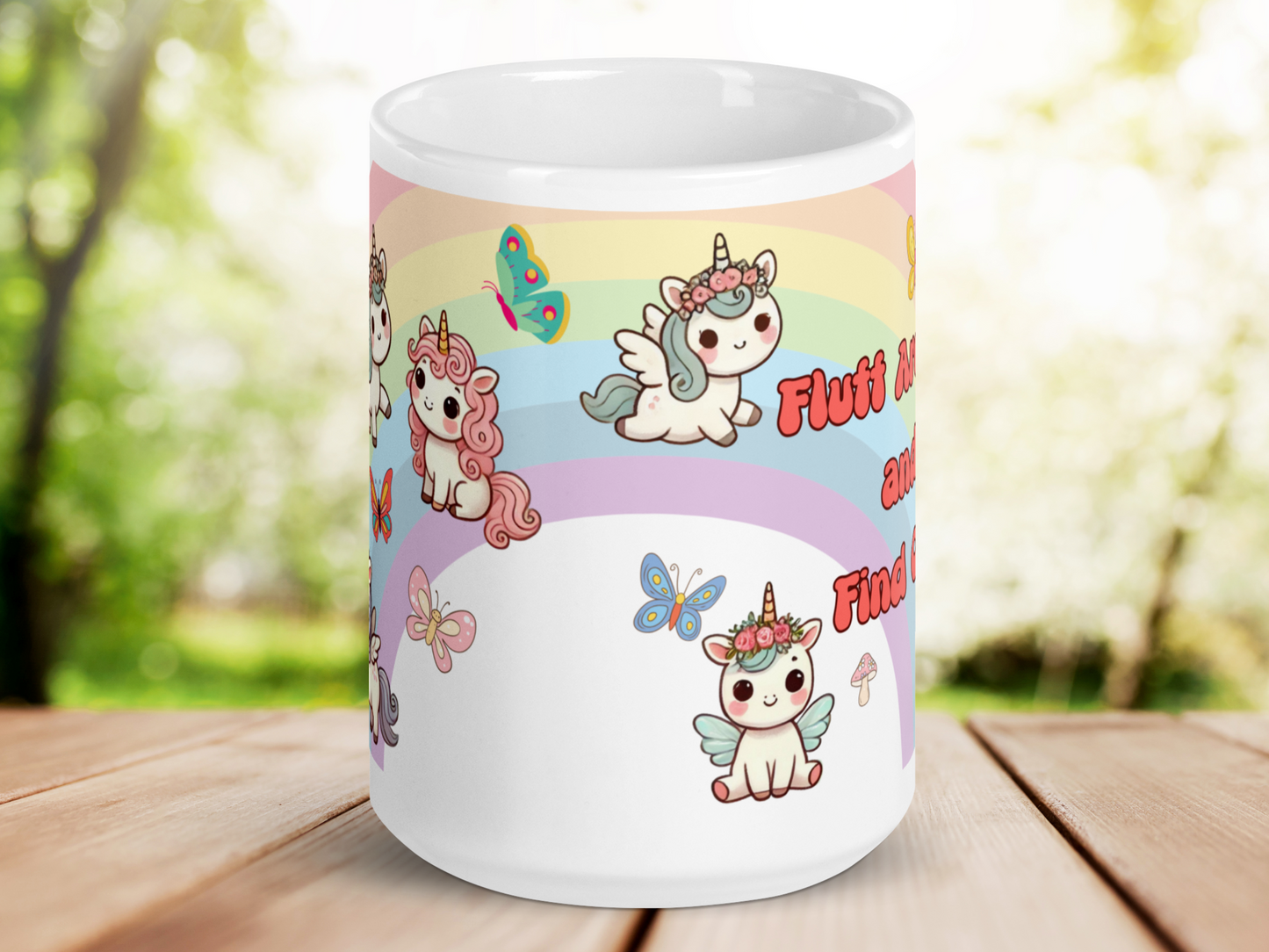 Sarcastic Unicorn Pegasus Rainbow ceramic 15 oz white mug. Fantasy Mug handle to the back. You can see the rainbow and under the bow of the rainbow. Sitting unicorn pegasus with blue wings and mane, pink flowers in mane, on the bottom right. Blue butterfly flying next to them. Above this is a flying unicorn pegasus with white wings, blue tail and mane, pink flowers in mane. To the right sitting on the rainbow is a unicorn with a pink mane and tail. Above this unicorn is a bright blue butterfly.