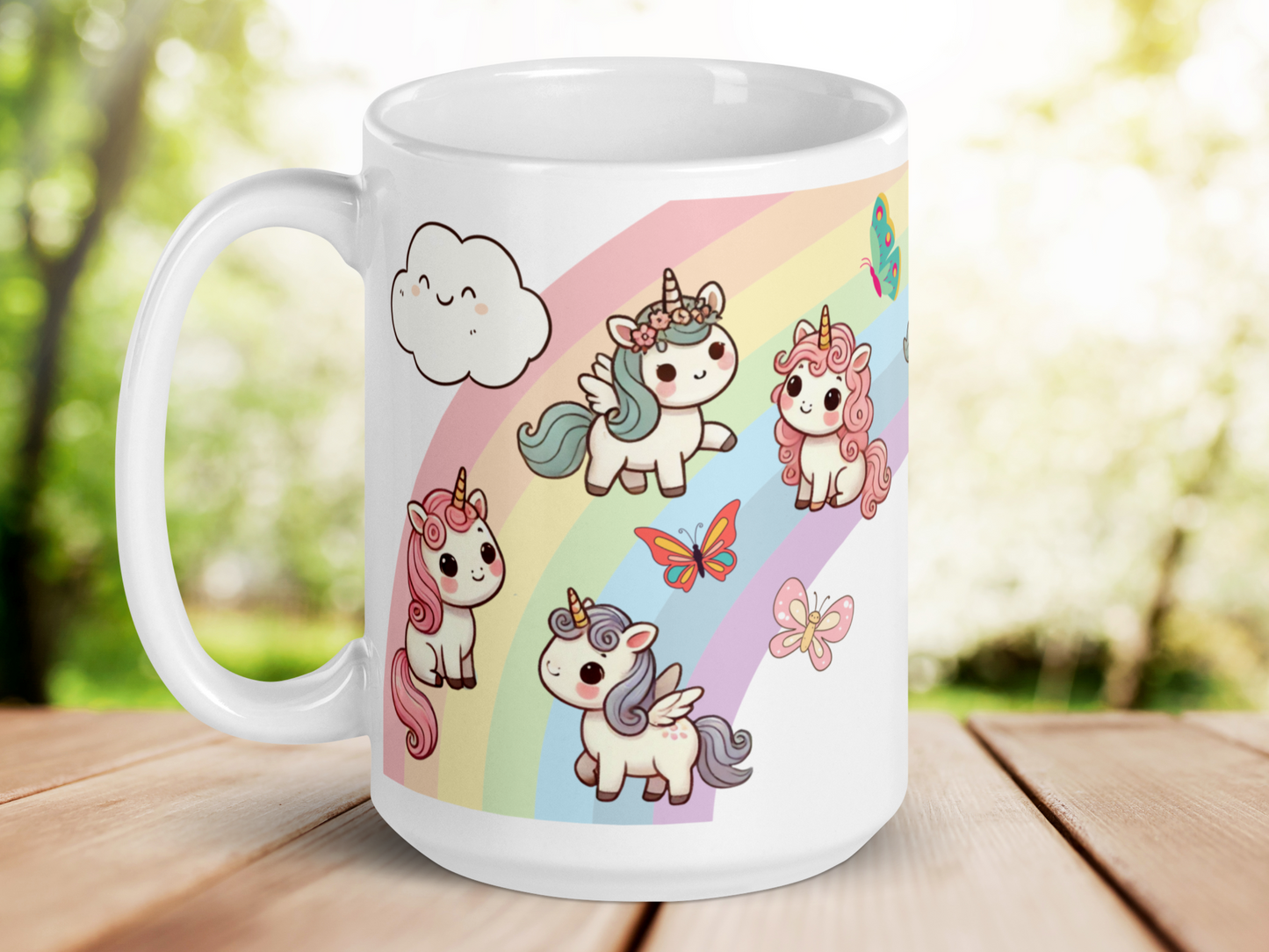 Sarcastic Unicorn Pegasus Rainbow ceramic 15 oz white mug. Funny coffee mug handle to the left. Rainbow is visible with a smiling cloud to the top left. In the middle on the rainbow is a walking unicorn pegasus with a blue mane and tail, pink flowers in mane. Bottom center is a walking unicorn pegasus with purple blue mane and tail. To the left sitting on the rainbow is a unicorn with a pink mane and tail. Kawaii Chibi characters with large eyes and rosy cheeks.
