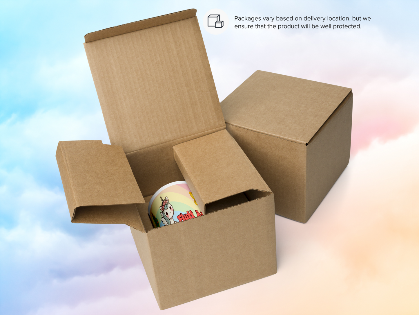 Funny Unicorn Pegasus Rainbow ceramic 15 oz white mug is shown inside a shipping box. Packages vary based on delivery location, but we ensure that the product will be well protected.