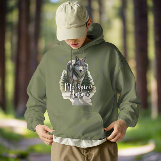 Wolf men's Hoodie My Spirit Animal. Front view military green Graphic Hoodie. A grey timberwolf gazes at you from the forest. Timber Wolf Shamanic Totem Animal, summer camping shirt gift for him gift for dad Mythical Accessories Emporium.