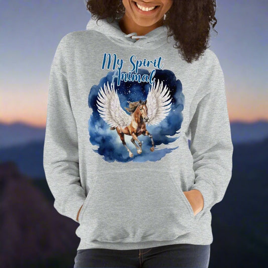 My Spirit Animal Pegasus Womens Graphic Hoodie. Sport Grey front view. Pegasus white feathered wings on a Pinto with a dark brown mane and tail, galloping through the sky against a background of clouds and stars. Mythical Accessories