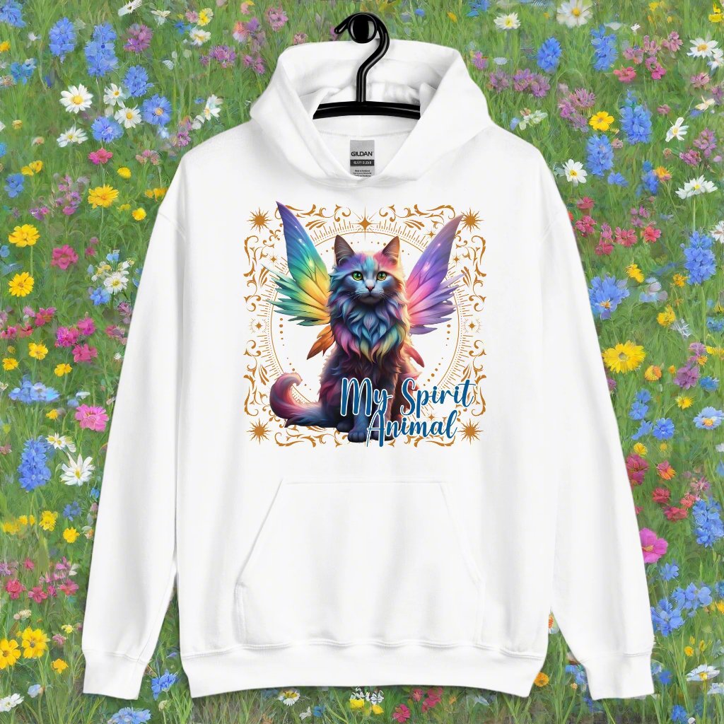 My Spirit Animal Fairy Cat men's hoodie. Front view hanging white sweatshirt. Rainbow Fae Persian Cat wings spread behind her, tail curling to the right. Framed in golden magic symbols. My Spirit Animal under the fairy cat in blue outlined in dark grey.
