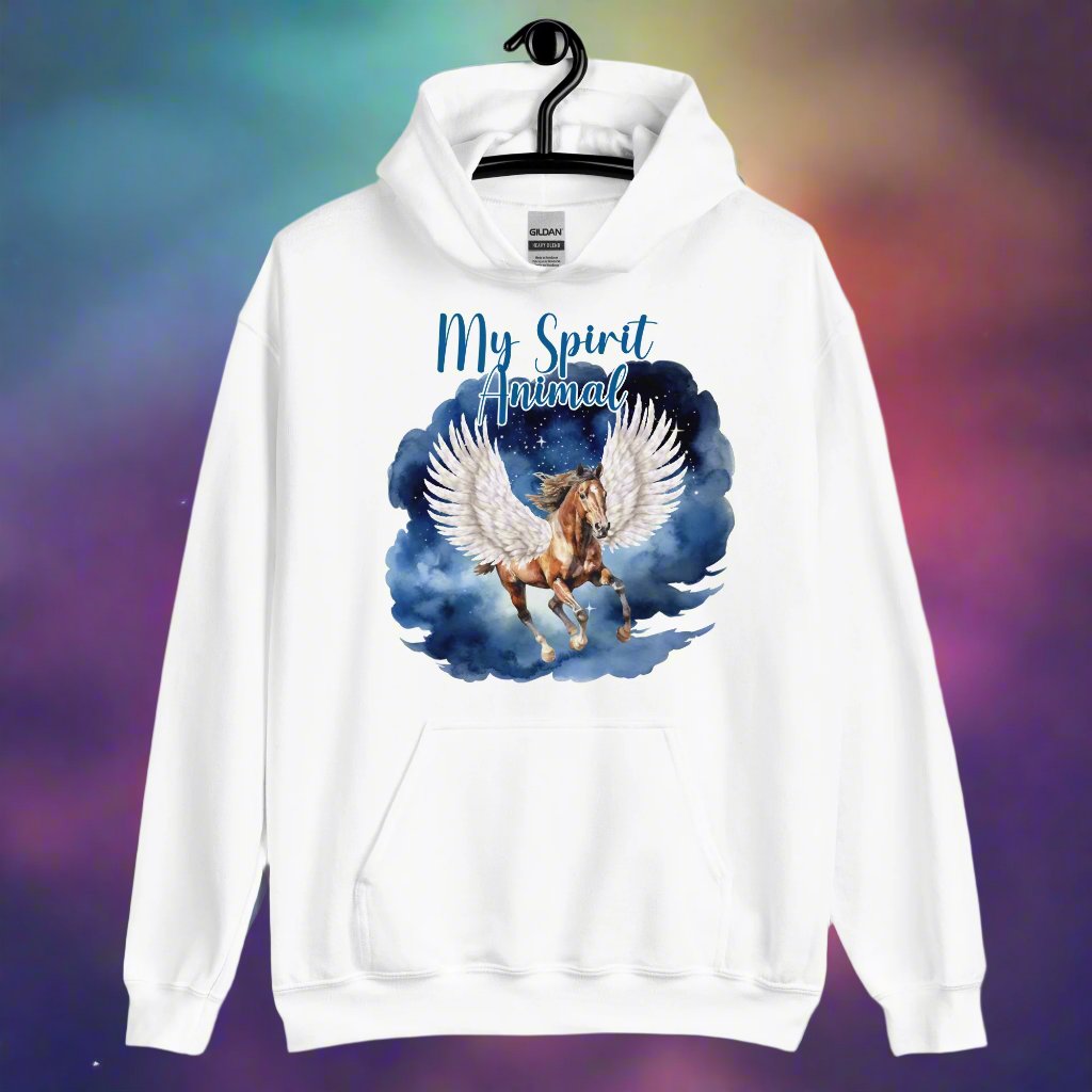 My Spirit Animal Pegasus Womens Graphic Hoodie. White on hanger front view. Pegasus white feathered wings on a Pinto with a dark brown mane and tail, galloping through the sky against a background of clouds and stars. Mythical Accessories