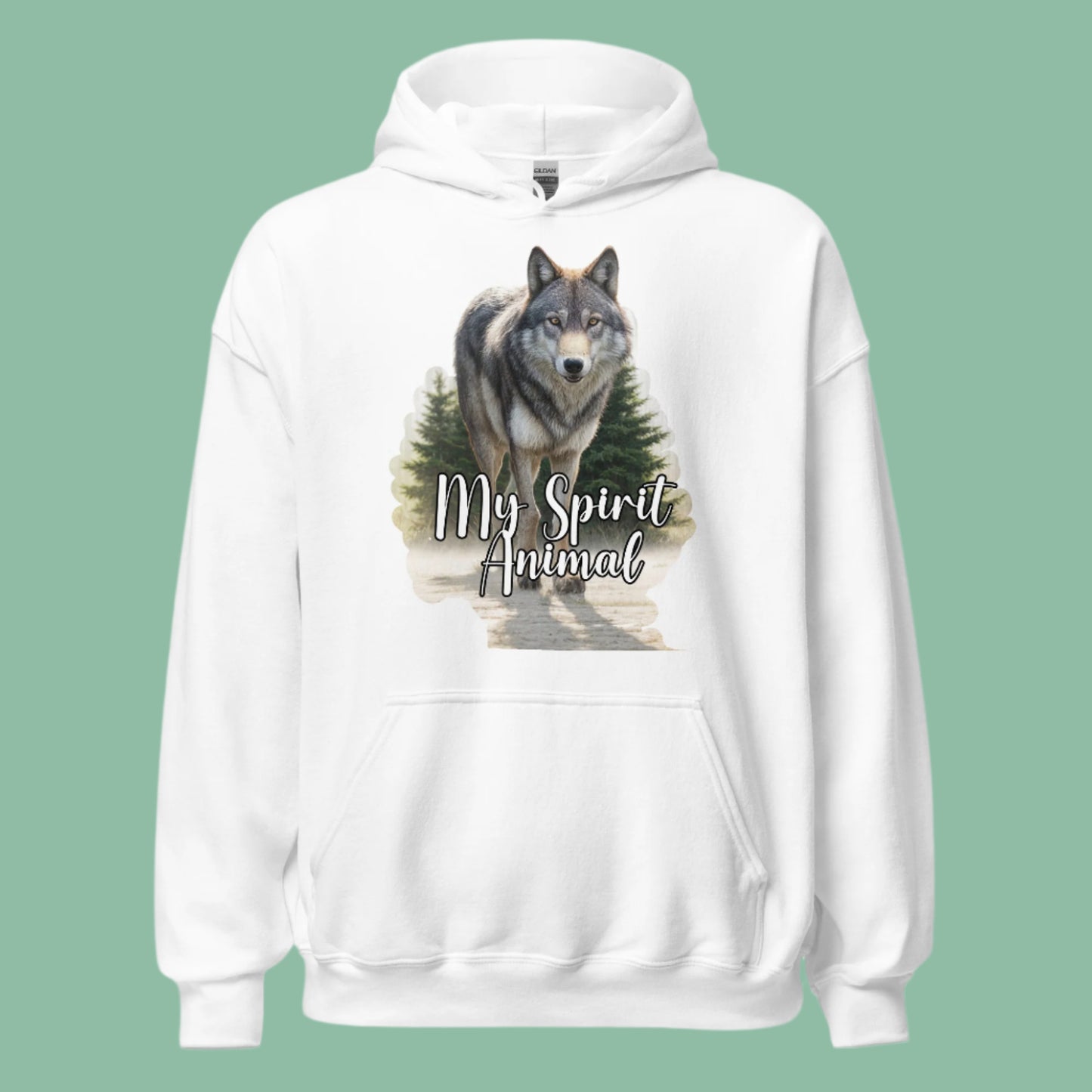 Wolf men's Hoodie My Spirit Animal. Front view white Graphic Hoodie hanging up. A grey timberwolf gazes at you from the forest. Timber Wolf Shamanic Totem Animal, summer camping shirt gift for him gift for dad Mythical Accessories Emporium.
