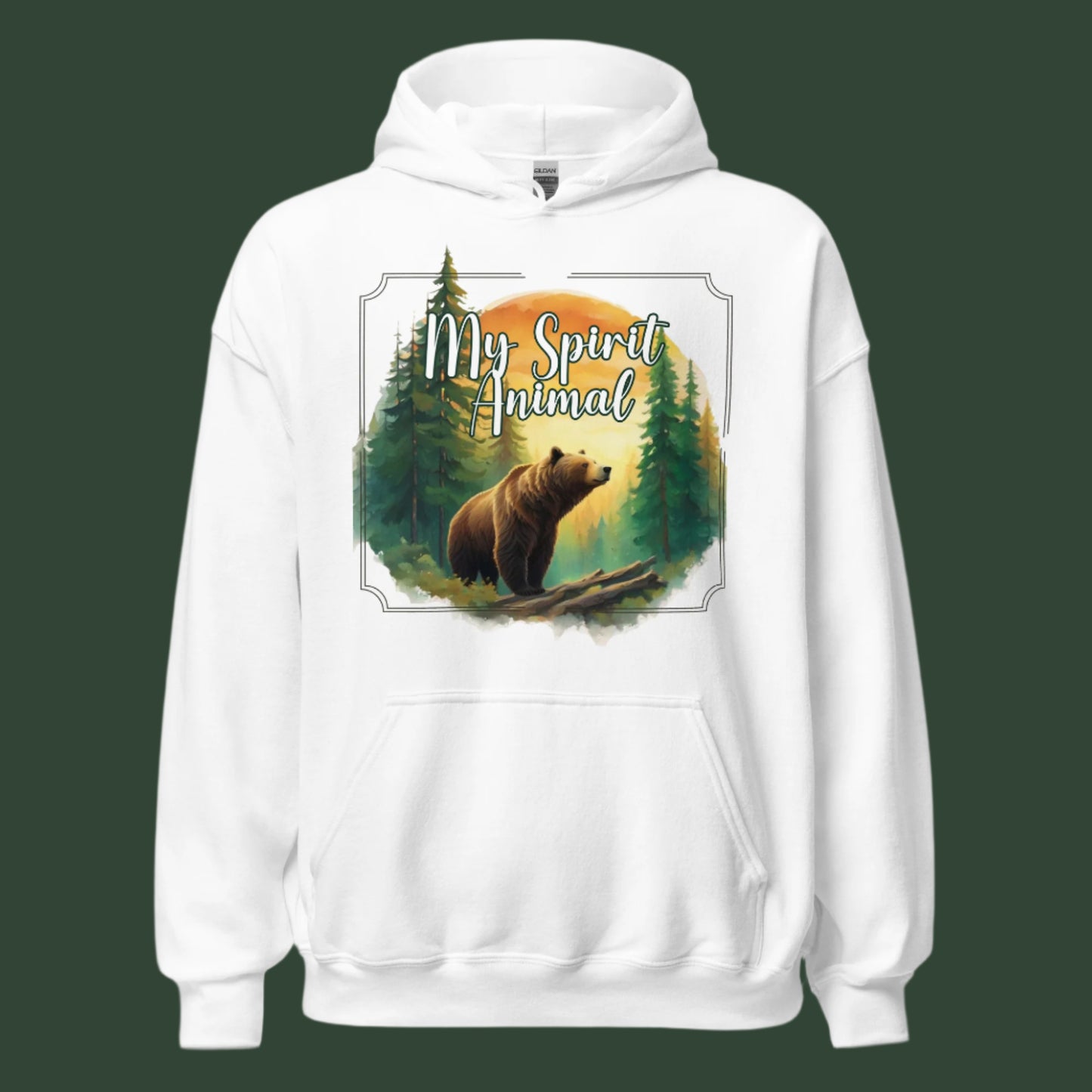 My Spirit Animal bear men's graphic hoodie. Front view on hanger white. Grizzly Bear paused in front of logs walking through the forest framed in a sunset. My Spirit Animal text at the top in white script. Mythical Accessories
