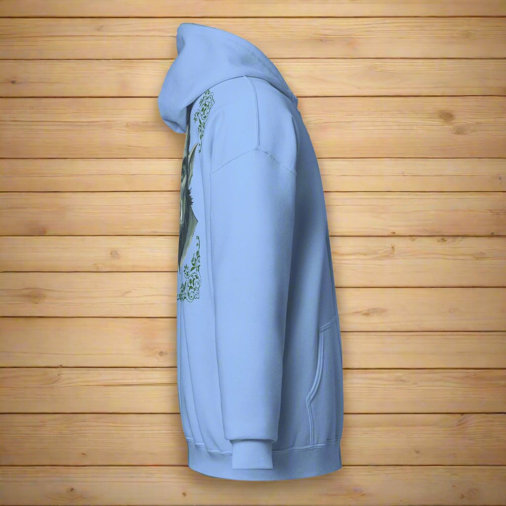 Orc Men's zip up hoodie, carolina blue, right side view. Flower corner borders in dark grey green frame a monochrome image of a fierce Orc. Bearded, tusk like teeth, and pointed ears