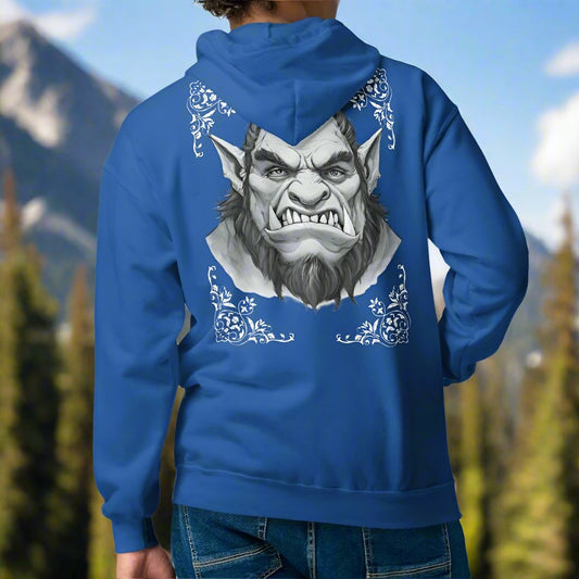 Orc Men's zip up hoodie, royal (blue),back view. Flower corner borders in dark grey green frame a monochrome image of a fierce Orc. Bearded, tusk like teeth, and pointed ears