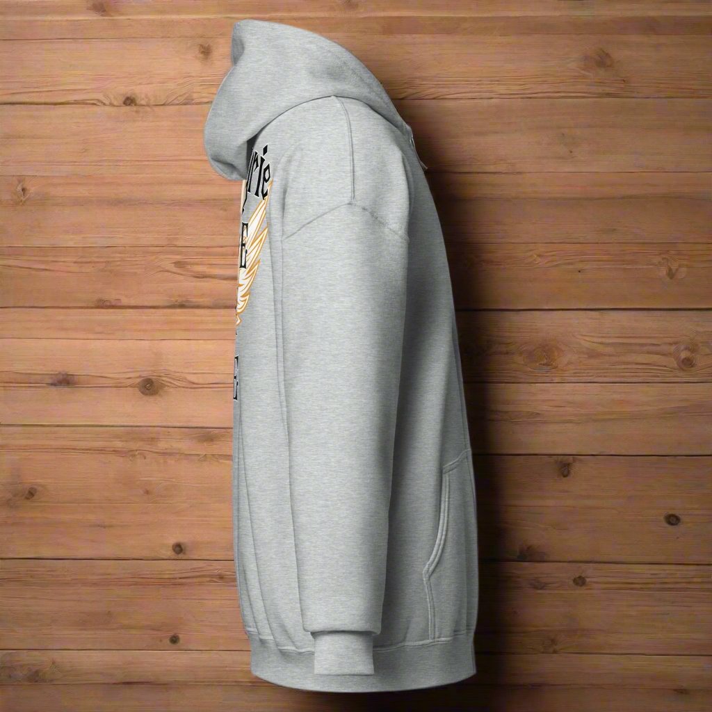 Right side Left View sport grey Women's Unisex Valkyrie Viking Zip Up Hoodie. Back of Hoodie has white Valkyrie wings edged in gold spread to each side. Down the middle in Black Text edged in white, "Valkyrie Ride or Die"