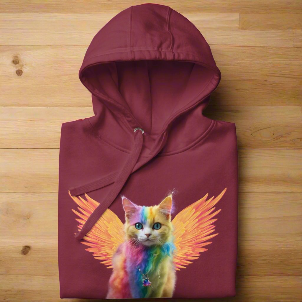 maroon Front View Men's Hoodie folded on a wooden surface Rainbow Colored Tie Dye Cat with orange gold wings. Pop Art Cat, Fantasy Art, Fairycore Cat TShirt gifts for cat lover and cat dad shirt, whimsical fantasy magic rainbow fairy cat