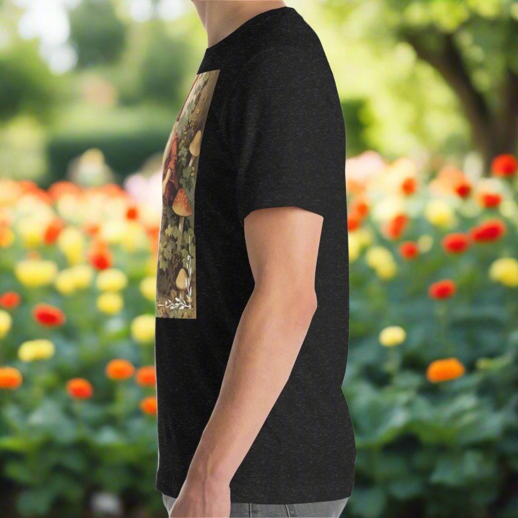 Once Upon A Time Mens heather Black T-shirt side view. Vintage Gnome Fairy Tale Shirt. Gnome Sitting in Forest holding a pipe surrounded by mushrooms. Once Upon A Time Text
