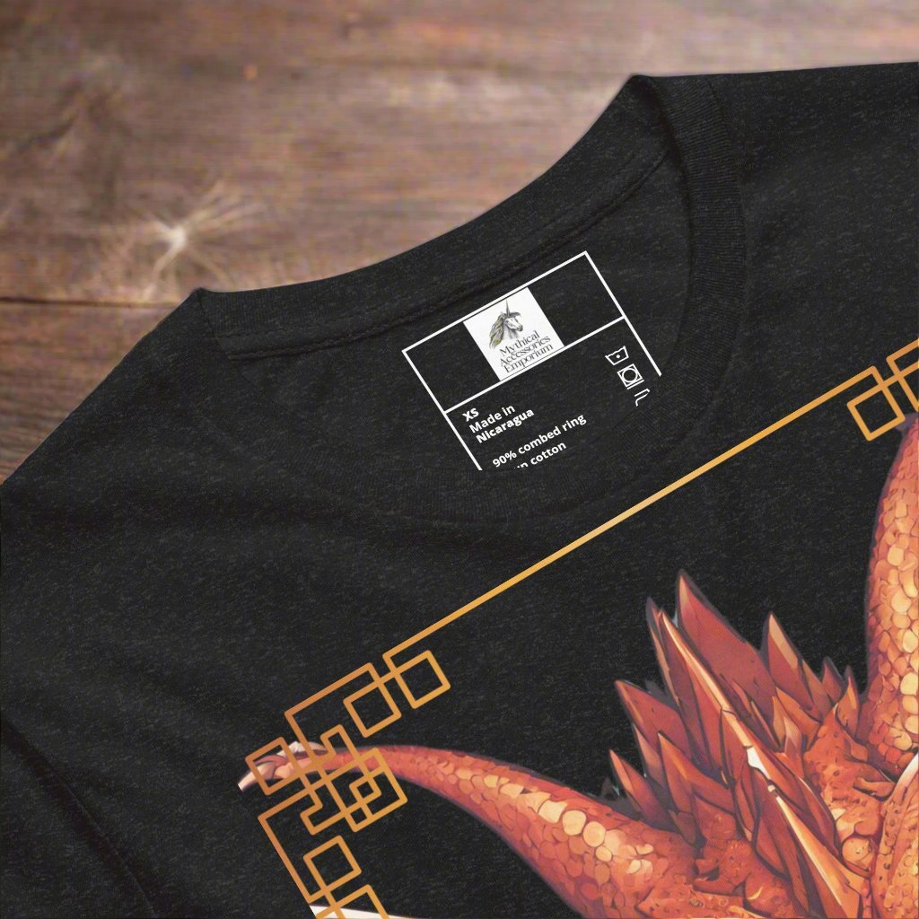 Front View up close of Black shirt Red Dragon DND Men's T-Shirt. Mens DND TShirt Dragon D20 Dice Graphic Tee. Red Dragon bordered in red gold stalking towards over a pile of D20 dice.