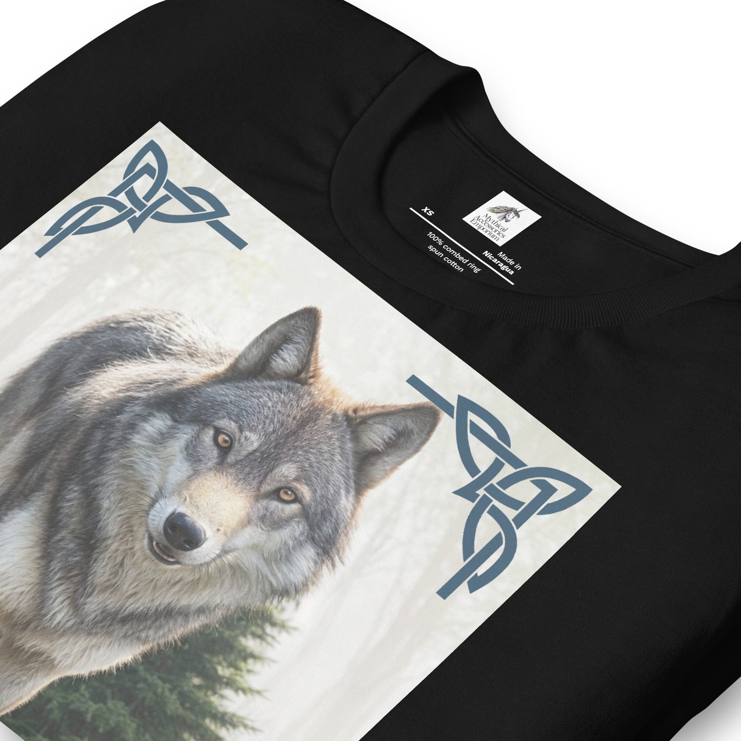 Wolf My Spirit Animal men's T-Shirt. Front front view in black. A grey wolf gazes at you from the forest bordered in Celtic knots. Timber Wolf Graphic Tee Shamanic Totem Animal, Mythical Accessories Emporium.