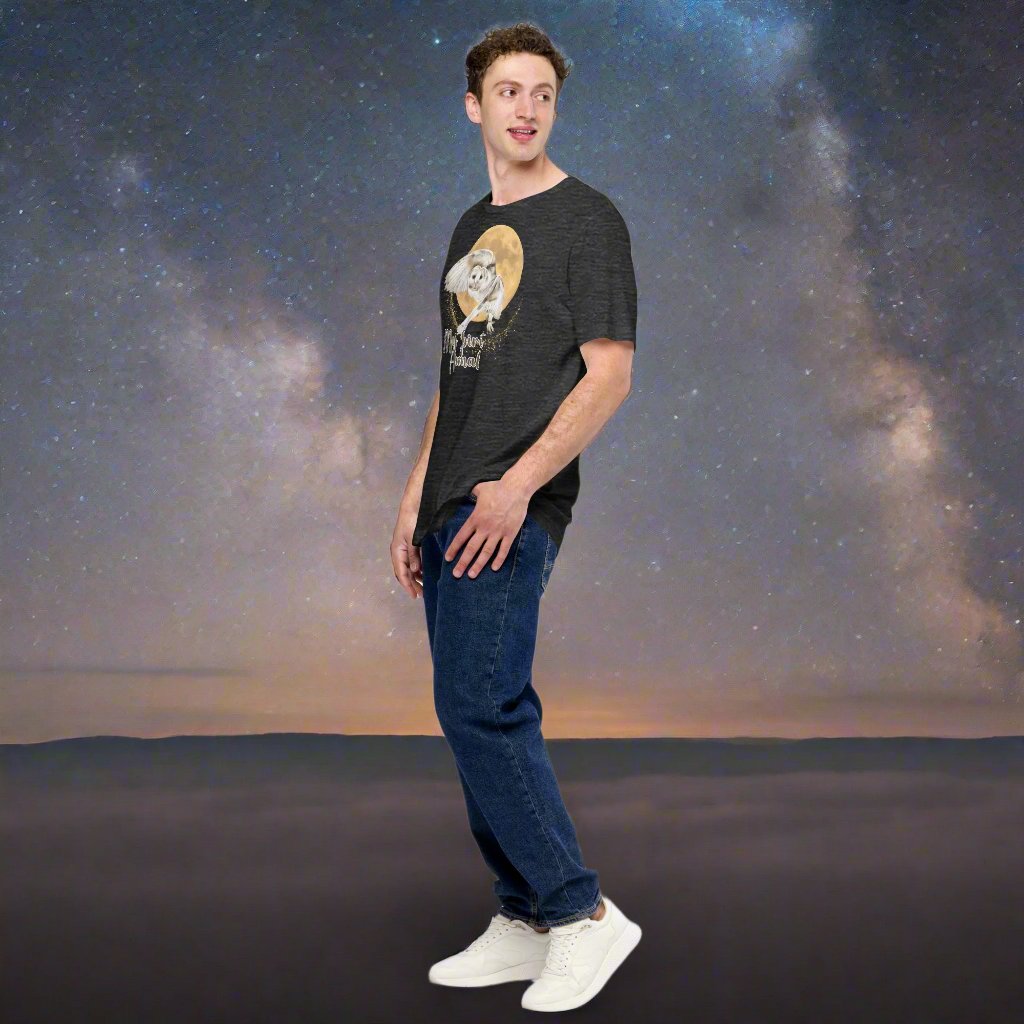 My spirit animal owl men's graphic tee, dark grey heather shirt left side view, white owl flying against a harvest moon wings sparking a gold magical halo, mythical accessories emporium