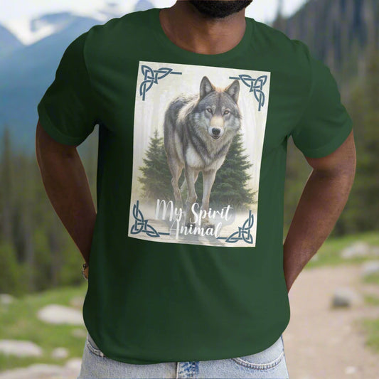 Wolf My Spirit Animal men's T-Shirt. Front view in forest. A grey wolf gazes at you from the forest bordered in Celtic knots. Timber Wolf Graphic Tee Shamanic Totem Animal, Mythical Accessories Emporium.