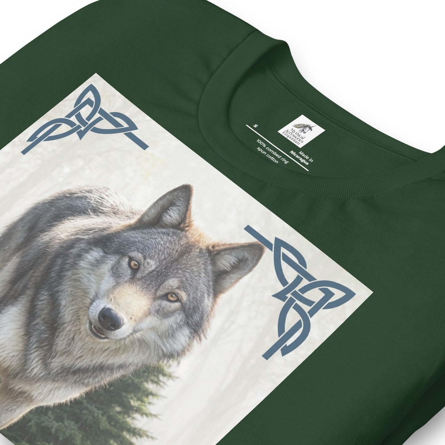 Wolf My Spirit Animal men's T-Shirt. flat front view in forest. A grey wolf gazes at you from the forest bordered in Celtic knots. Timber Wolf Graphic Tee Shamanic Totem Animal, Mythical Accessories Emporium.