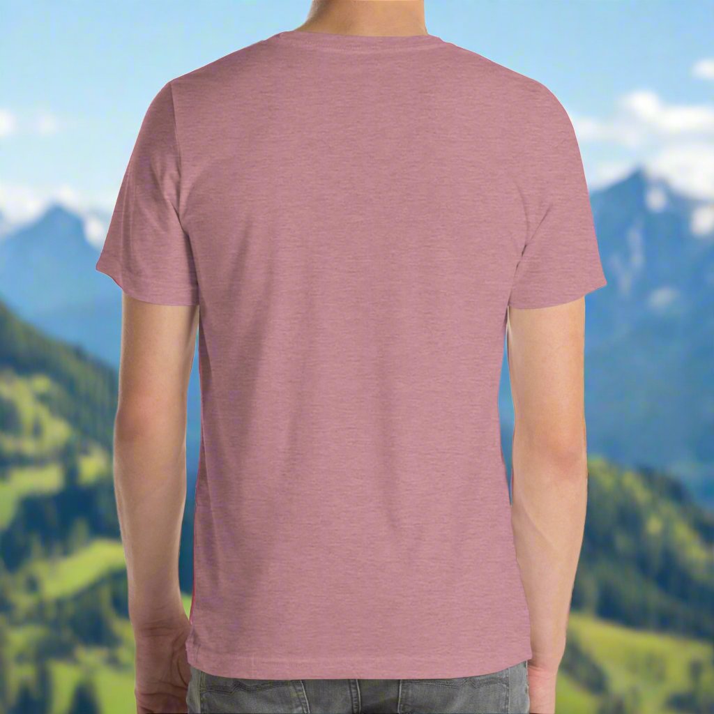 Heather orchid men’s T-shirt, back view. Right side features a dragon in smoky gray-purple with the Celtic triskele symbol emerging from its nostrils. Text above reads "Not All Who Wander Are Lost," with "Some Are Looking for Dragons" below.