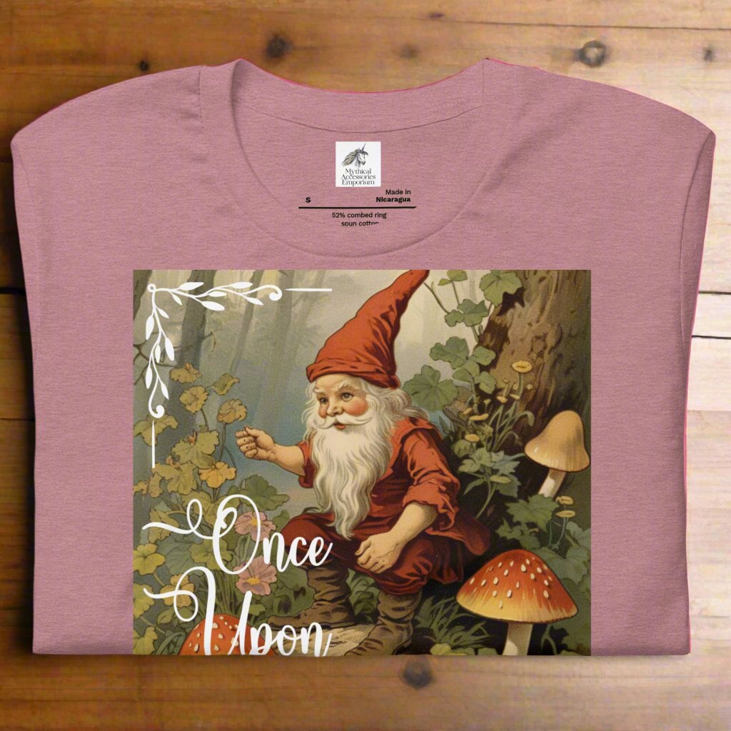 Once Upon A Time Mens heather orchid T-shirt folded flat view. Vintage Gnome Fairy Tale Shirt. Gnome Sitting in Forest holding a pipe surrounded by mushrooms. Once Upon A Time Text