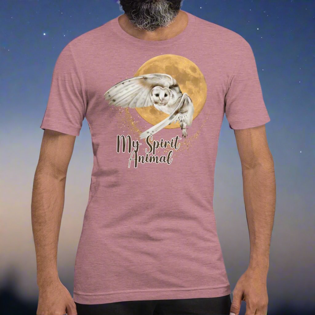 My spirit animal owl men's graphic tee, heather orchid shirt front view, white owl flying against a harvest moon wings sparking a gold magical halo, mythical accessories emporium