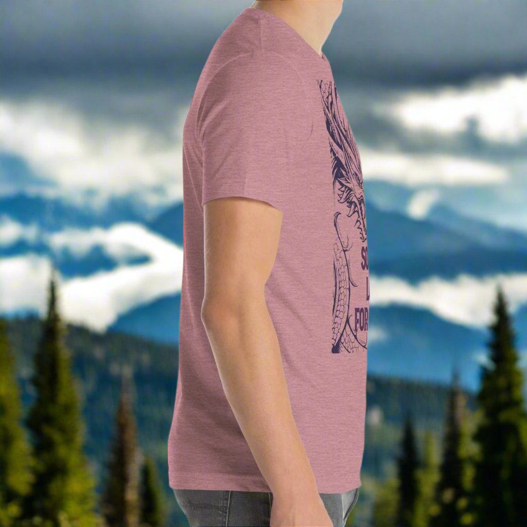 Heather orchid men’s T-shirt, right side view. Right side features a dragon in smoky gray-purple with the Celtic triskele symbol emerging from its nostrils. Text above reads "Not All Who Wander Are Lost," with "Some Are Looking for Dragons" below.