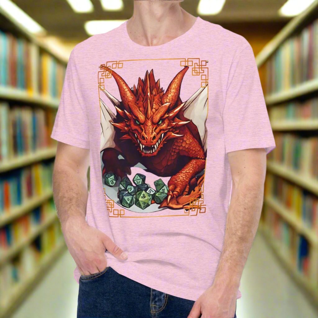 Front View Heather Prism Lilac, Red Dragon DND Men's T-Shirt. Mens DND TShirt Dragon D20 Dice Graphic Tee. Red Dragon bordered in red gold stalking towards over a pile of D20 dice.