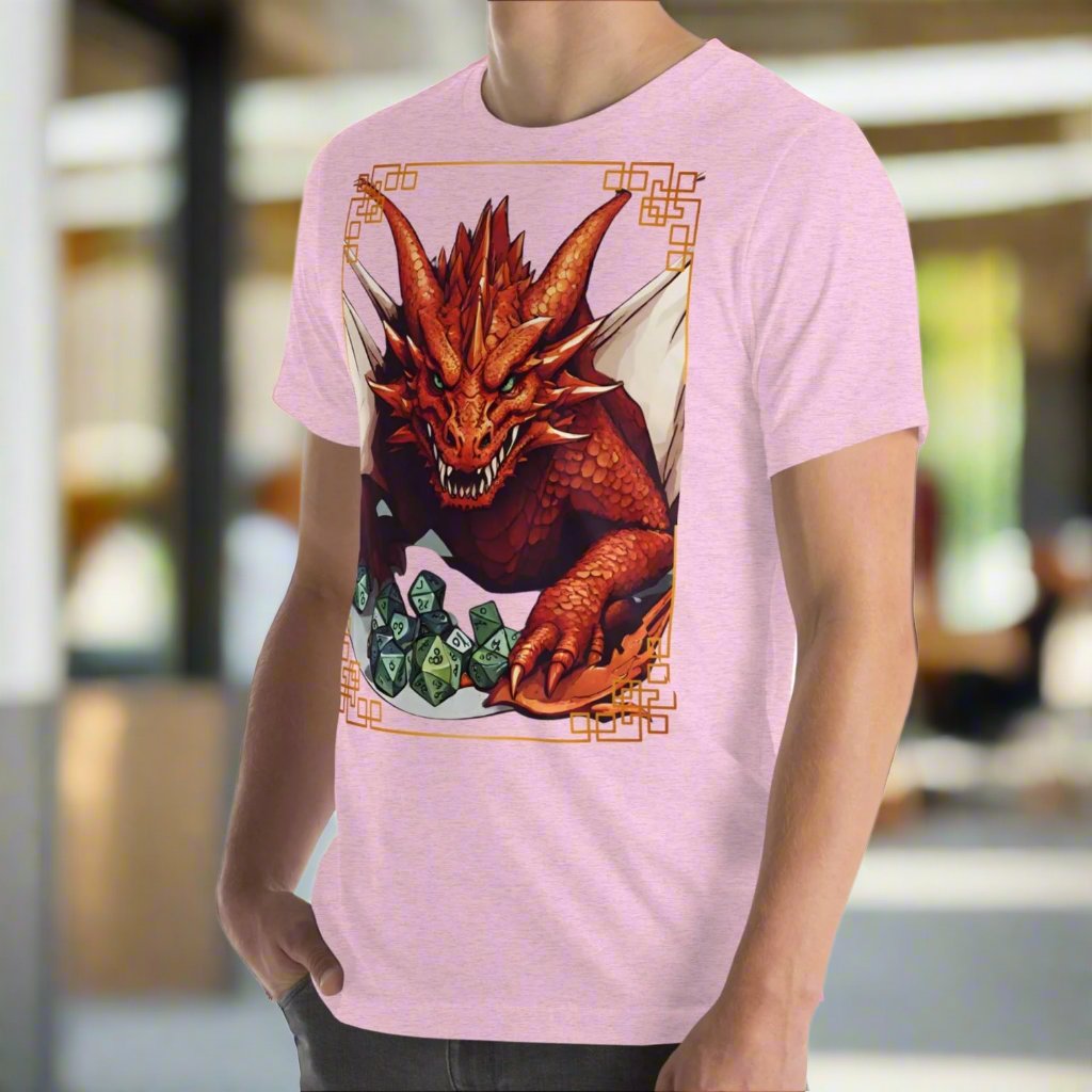 Front left side View of heather prism lilac shirt Red Dragon DND Men's T-Shirt. Mens DND TShirt Dragon D20 Dice Graphic Tee. Red Dragon bordered in red gold stalking towards over a pile of D20 dice.