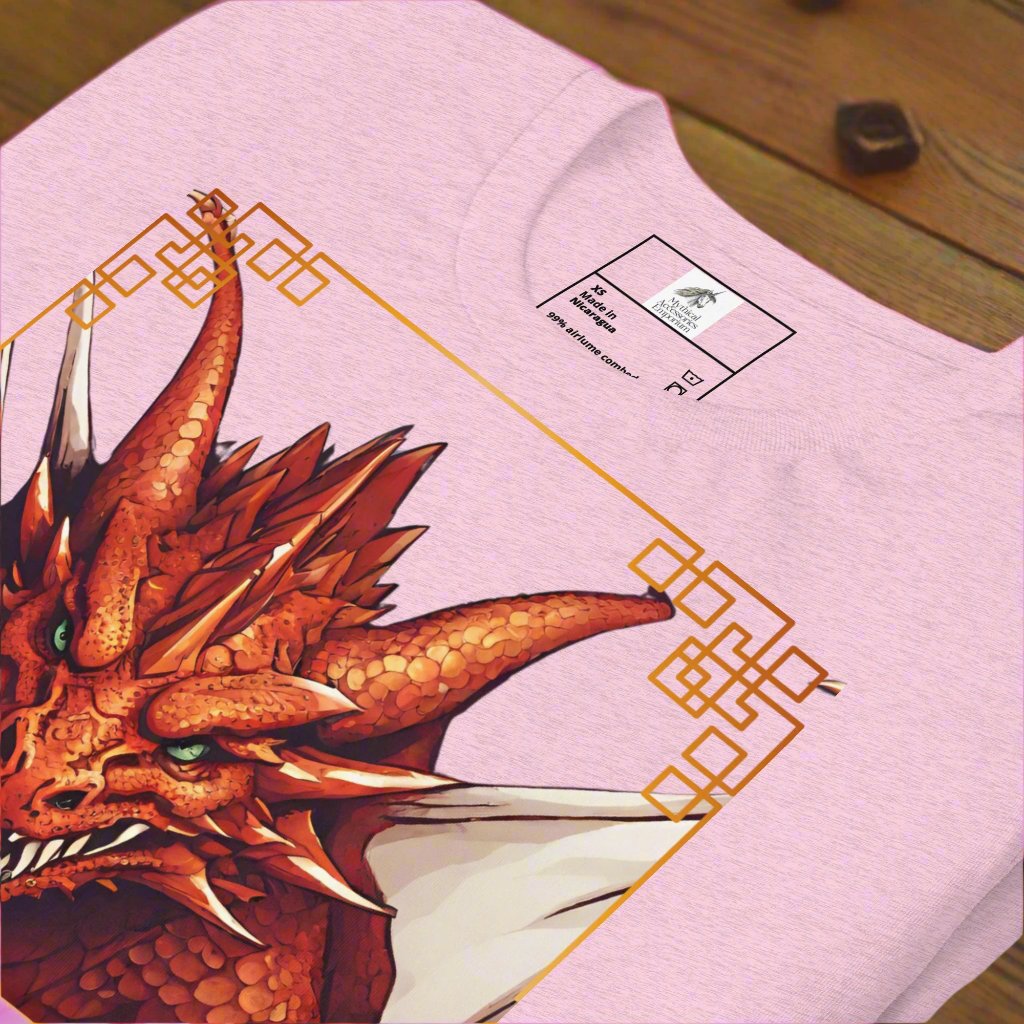 Front View up close of pink shirt Red Dragon DND Men's T-Shirt. Mens DND TShirt Dragon D20 Dice Graphic Tee. Red Dragon bordered in red gold stalking towards over a pile of D20 dice.