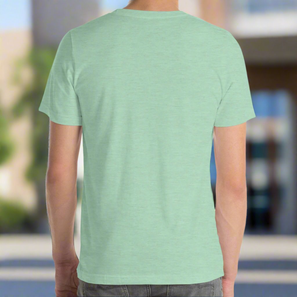 back View of heather prism mint shirt Red Dragon DND Men's T-Shirt. Mens DND TShirt Dragon D20 Dice Graphic Tee. Red Dragon bordered in red gold stalking towards over a pile of D20 dice.