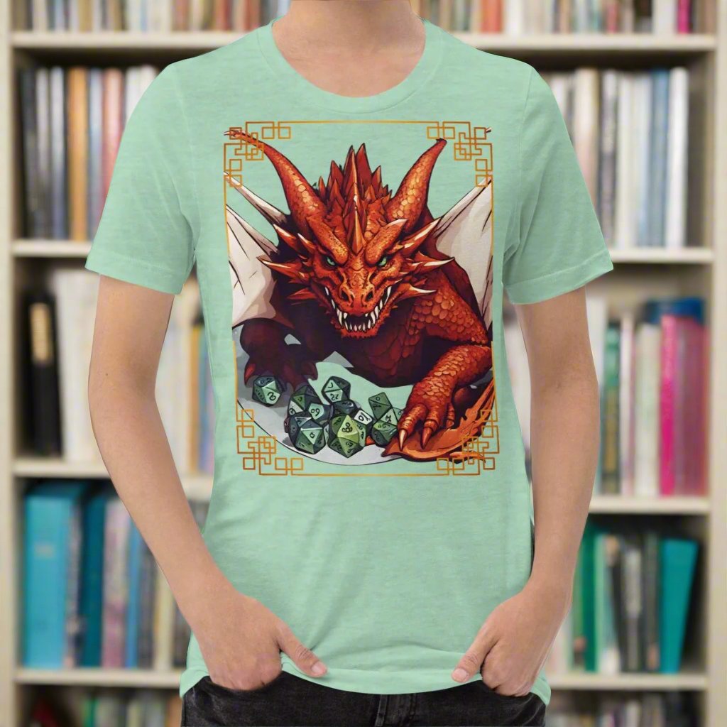 Front View heather prism mint, Red Dragon DND Men's T-Shirt. Mens DND TShirt Dragon D20 Dice Graphic Tee. Red Dragon bordered in red gold stalking towards over a pile of D20 dice.