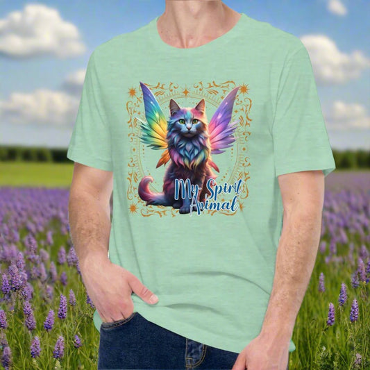 My Spirit Animal Fairy Cat men's Graphic T-Shirt. Front view heather prism mint tee, Rainbow Fae Cat wings spread out. Gold frame of magic symbols surround the fae cat. My Spirit Animal under the fairy cat in blue, mythical accessories emporium