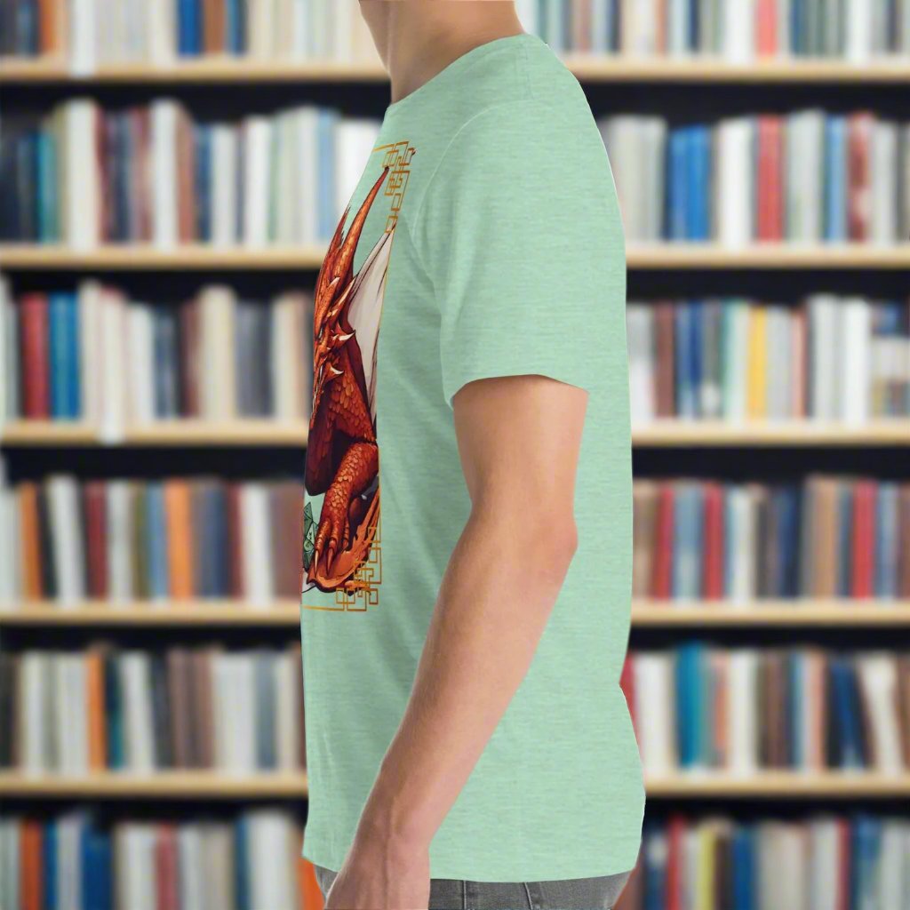 left side View of heather prism mint shirt Red Dragon DND Men's T-Shirt. Mens DND TShirt Dragon D20 Dice Graphic Tee. Red Dragon bordered in red gold stalking towards over a pile of D20 dice.