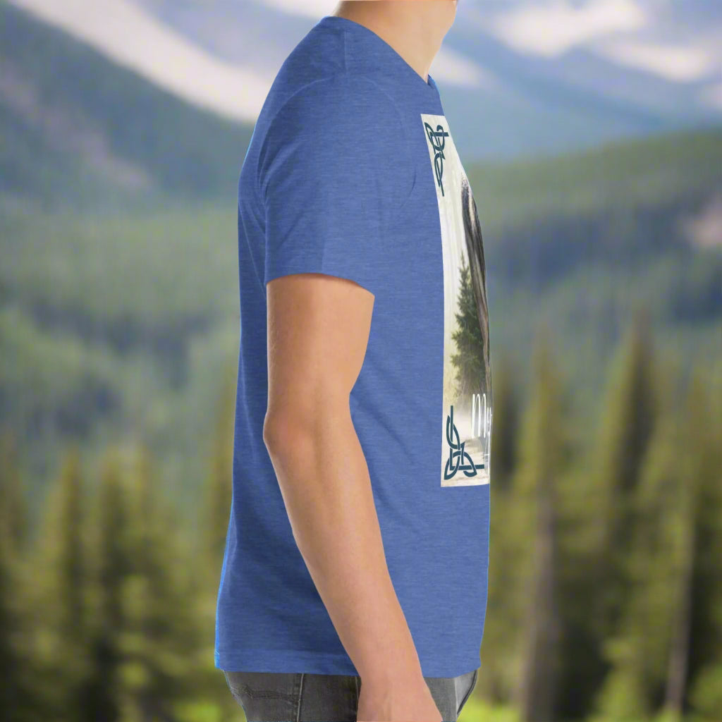 Wolf My Spirit Animal men's T-Shirt. right side view in heather true royal. A grey wolf gazes at you from the forest bordered in Celtic knots. Timber Wolf Graphic Tee Shamanic Totem Animal, Mythical Accessories Emporium.