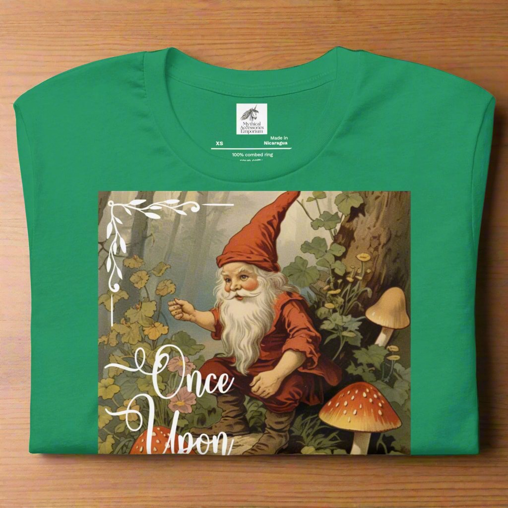 Once Upon A Time Mens kelly green T-shirt flat fold. Vintage Gnome Fairy Tale Shirt. Gnome Sitting in Forest holding a pipe surrounded by mushrooms. Once Upon A Time Text