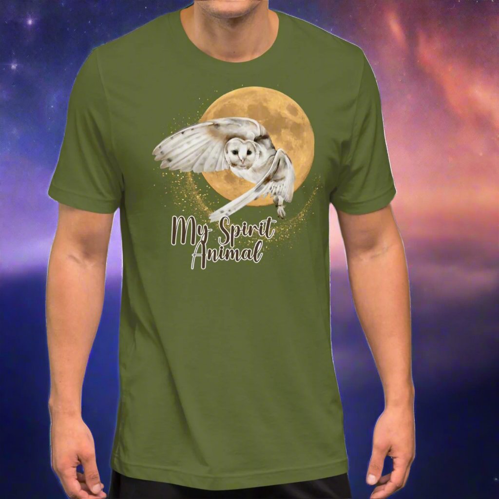 My spirit animal owl men's graphic tee, olive shirt front view, white owl flying against a harvest moon wings sparking a gold magical halo, mythical accessories emporium