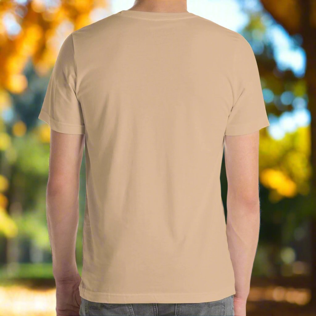 Back view of Men's Tan Graphic Tee with a black and white orc on the front. This is a regular fit men's tshirt or a unisex shirt.