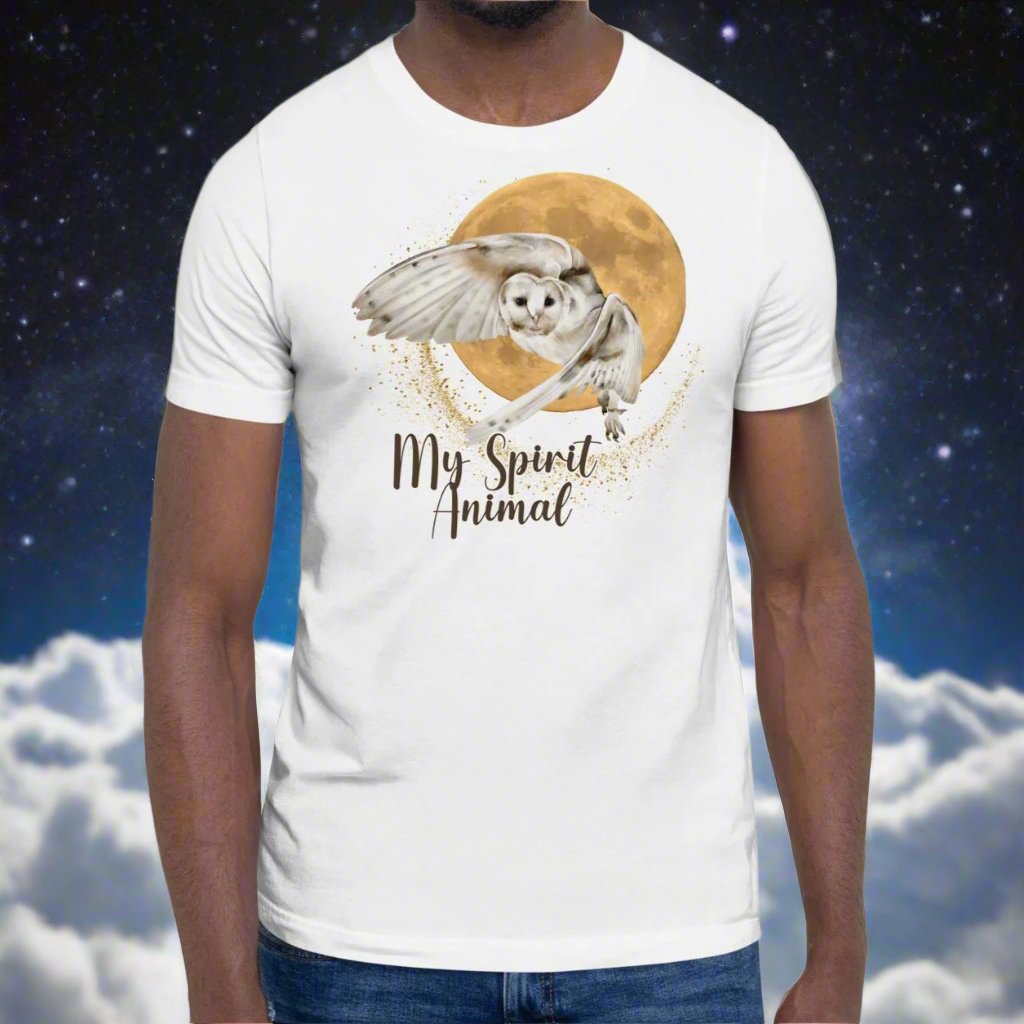 My spirit animal owl men's graphic tee, white shirt front view, white owl flying against a harvest moon wings sparking a gold magical halo, mythical accessories emporium