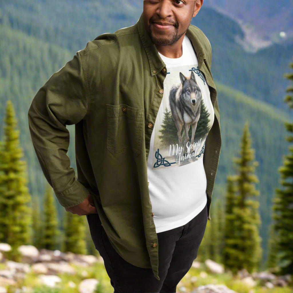 Wolf My Spirit Animal men's T-Shirt. Front view in heather white. A grey wolf gazes at you from the forest bordered in Celtic knots. Timber Wolf Graphic Tee Shamanic Totem Animal, Mythical Accessories Emporium.