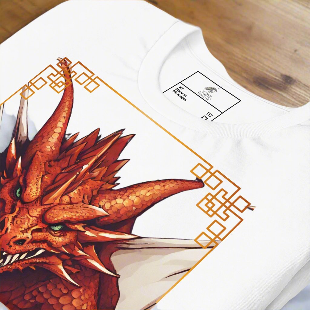 Front View up close of white shirt Red Dragon DND Men's T-Shirt. Mens DND TShirt Dragon D20 Dice Graphic Tee. Red Dragon bordered in red gold stalking towards over a pile of D20 dice.