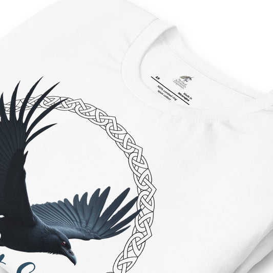 My Spirit Animal Raven Crow Men's Graphic T-Shirt, Front folded View white Tee, Raven wings spread in a Celtic Knot circle above My Spirit Animal, Mythical Accessories Emporium