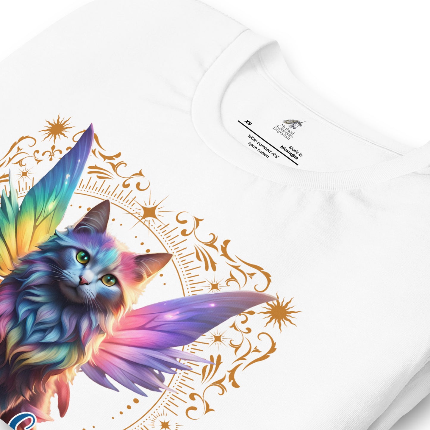 My Spirit Animal Fairy Cat men's Graphic T-Shirt. Front folded view white tee, Rainbow Fae Cat wings spread out. Gold frame of magic symbols surround the fae cat. My Spirit Animal under the fairy cat in blue, mythical accessories emporium